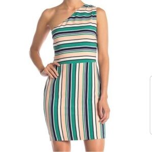J.O.A. One-Shoulder Dress with Green and Cream Stripes